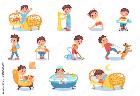 Cartoon Boy Character Daily Routine Everyday Activities From Morning