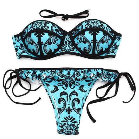 2017 Bandeau Bikini Set Cute Print Sexy Swimsuit Women Push Up Front Ruched Lace Up Ruffle