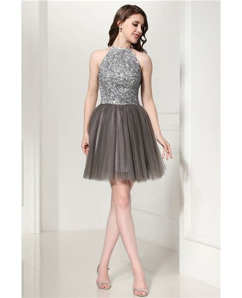 Grey Cocktail Halter Prom Dress With Beading Top For Homecoming H76109