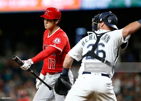 Shohei Ohtani Of The Los Angeles Angels Of Anaheim Reacts To Striking