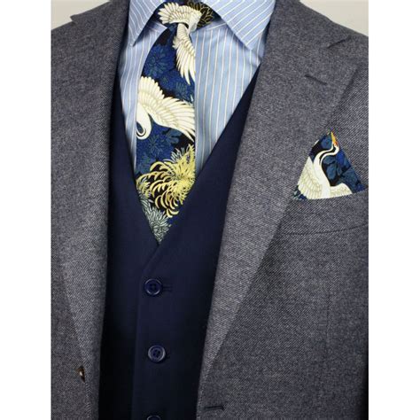 vintage japanese tie set blue and gold printed skinny tie and pocket square ties