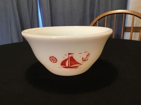 Mckee Nautical Theme Milk Glass 9 Mixing Bowl Red Sailboat Anchor