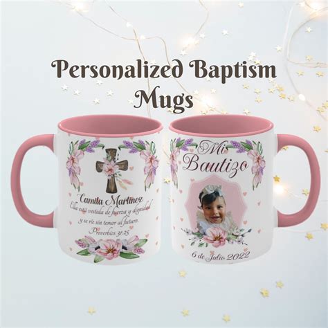 Baptism Personalized Mugs Cute Floral Spanish Or English Baptism Mugs