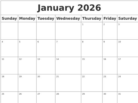 January 2026 Blank Calendar