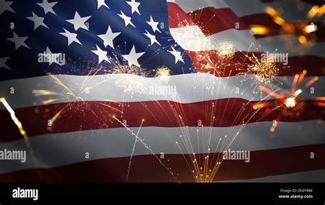 American Flag Waving With Fireworks Celebrating 4th Of July Stock Photo