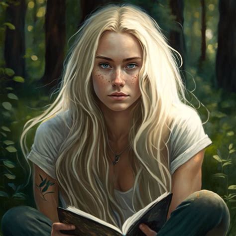 A Painting Of A Woman Sitting In The Woods Reading A Book With Her Eyes