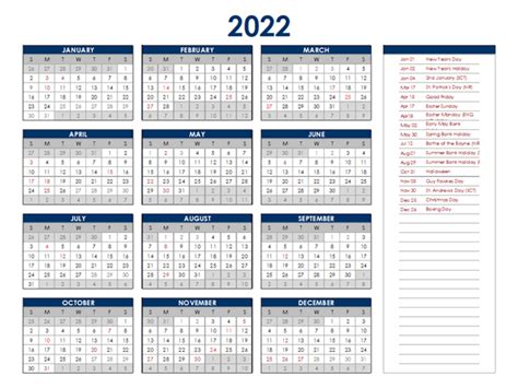 2022 Uk Annual Calendar With Holidays Free Printable