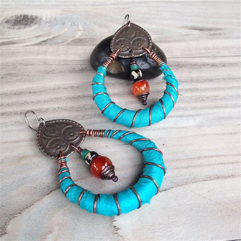 Chandelier Hoops Turquoise Silk Wrapped Amulet Hoops Etsy