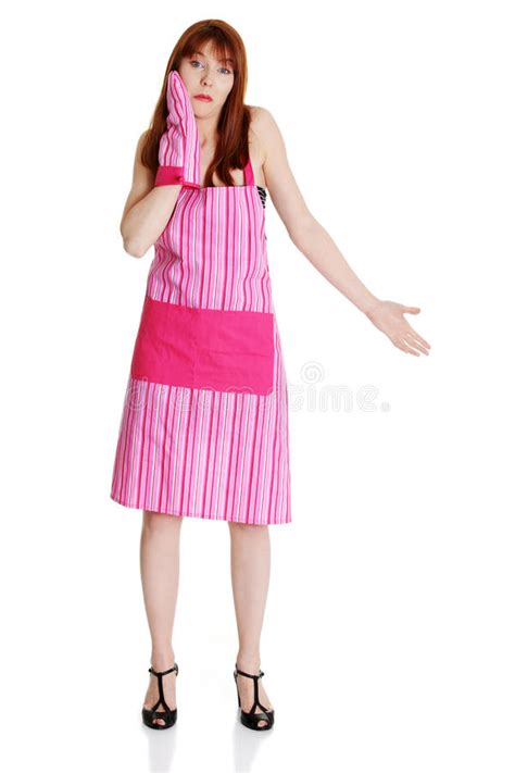 Young Troubled Housewife In Pink Apron Stock Image Image Of Full