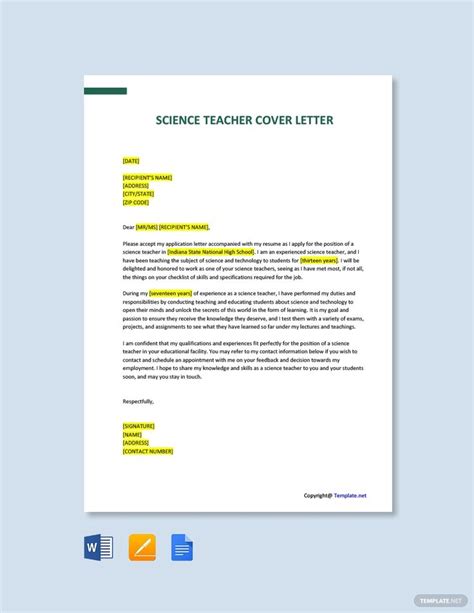 Science Teacher Cover Letter Template Free Pdf Word Apple Pages