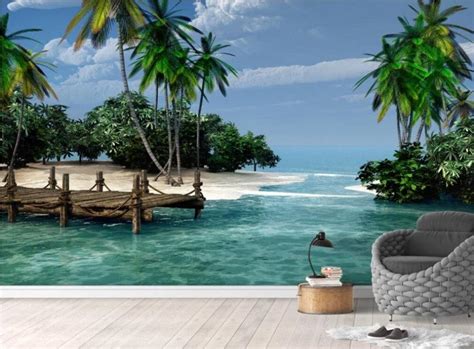 Tropical Beach Lagoon Scene Palm Tree Design Wallpaper