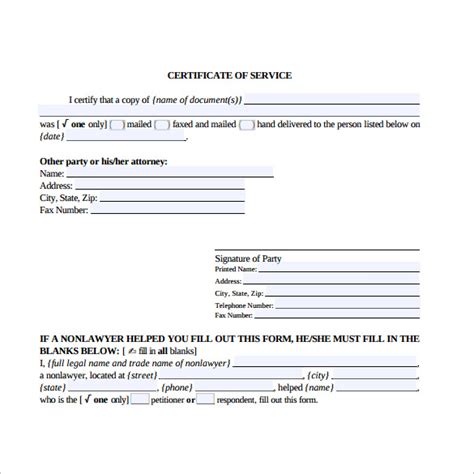 Sample Certificate Of Service Form