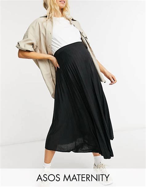 Asos Design Maternity Pleated Midi Skirt In Black Asos
