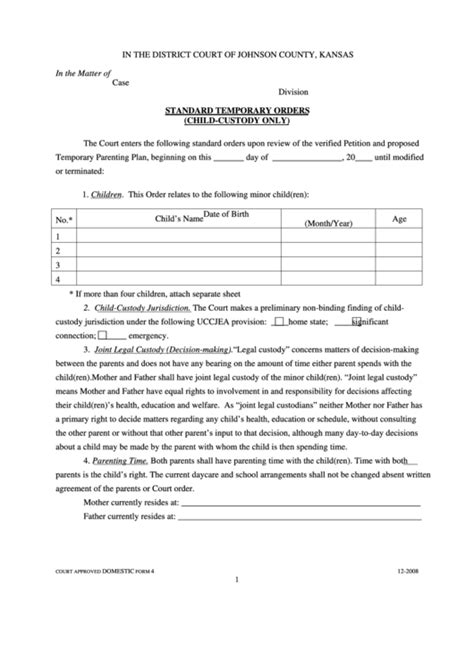 Fillable Standard Temporary Child Custody And Parenting Time Order Form
