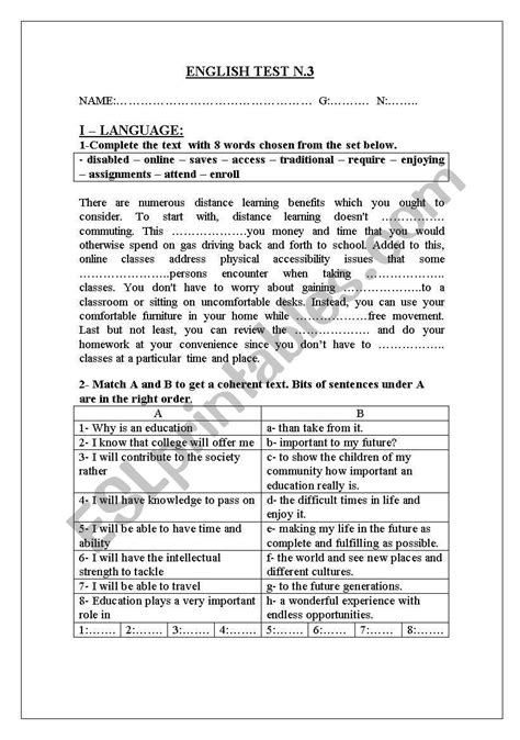 3rd Form Mid Term Test 3 Esl Worksheet By Gharbi2009