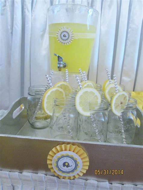 Lemonade And Mason Jars At A Yellow And Gray Elephant Baby Shower Party