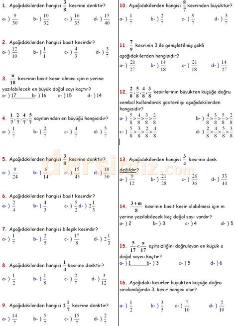 5. Sınıf matematik dersi kesirler ile ilgili test soruları