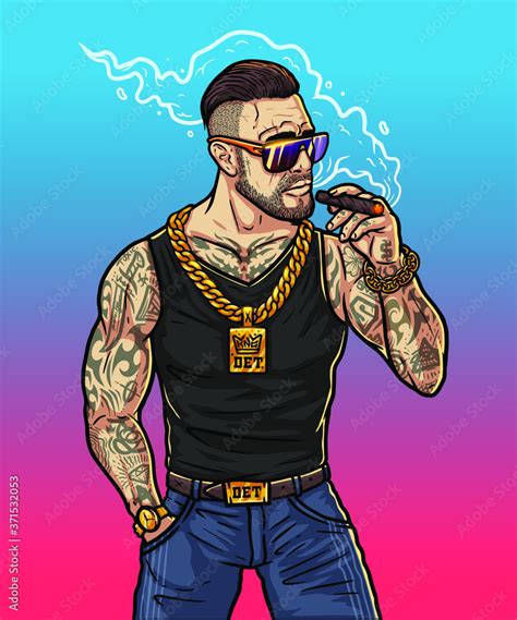 Rich Boy Cartoon Character Bearded Man In Tattoos Boss Gangster In