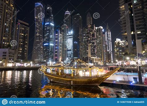 Luxury Boats Docked In Sea Port In Dubai Marina United Arab Emirates