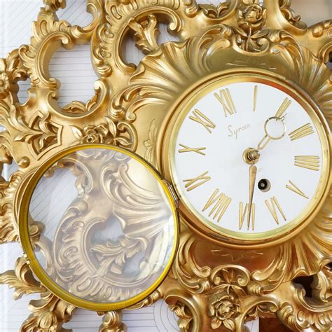 1960s Vintage Syroco Gold Resin 8 Day Windup Rococo And Brass Wall Clock