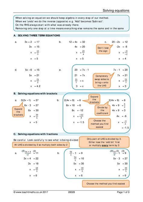 Solving Equations Review Sheet Ks Maths Teachit