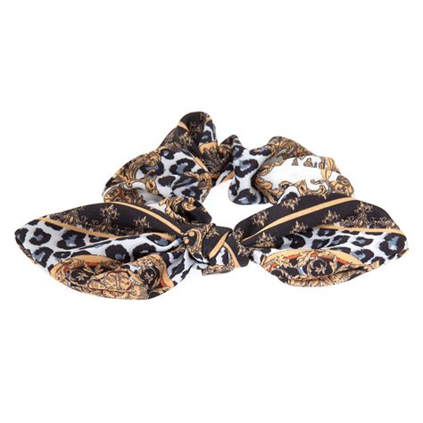 Small Fancy Leopard Knotted Bow Hair Scrunchie Black Claires
