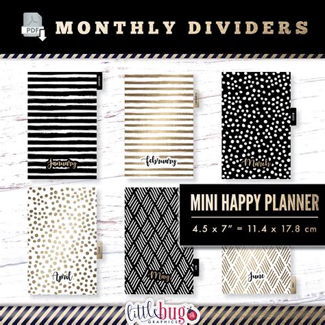 Monthly Mini Happy Planner Dividers Black White And Gold Hand Etsy