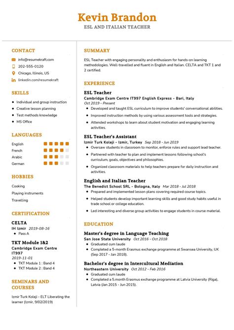 esl teacher cv template in 2024 resumekraft