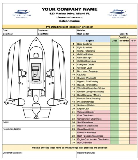 Pre Inspection Boat Detailing Checklist Form For Detailing Service