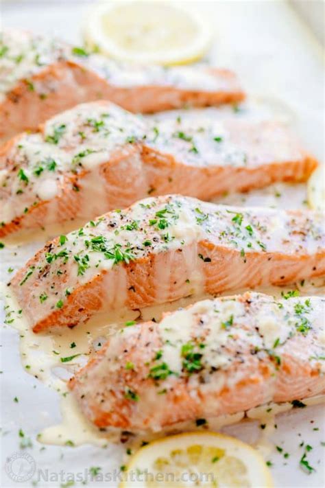 Place the salmon fillets on plates and pour lemon cream sauce over them and sprinkle with chopped parsley to serve. Oven Baked Salmon with Lemon Cream Sauce