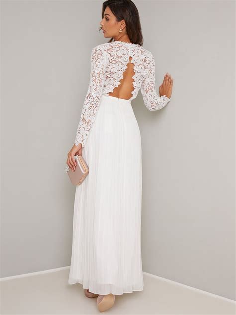 Long Sleeved Lace Detail Pleat Maxi Dress In White Chi Chi London