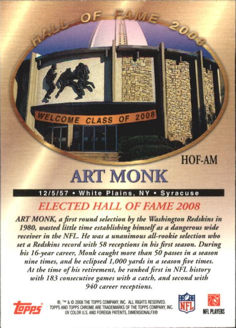 2008 Topps Chrome Hall Of Fame Hofam Art Monk Nm Mt