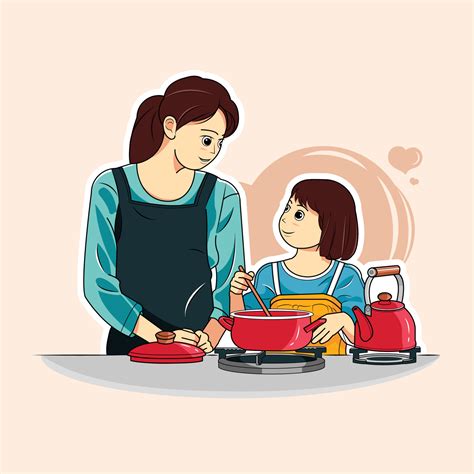 Mom And Daughter Cooks Soup At Home Vector Illustration 3692651 Vector Art At Vecteezy