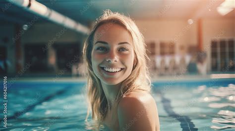 Young Adult Woman In Swimming Pool Wellness Spa Or Hotel Or Public