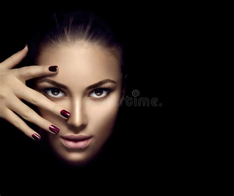 Fashion Model Girl Face Beauty Woman Makeup And Manicure Stock Photo