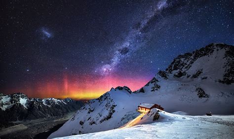 Download Snow Winter Mountain Landscape Star Starry Sky Galaxy Earth