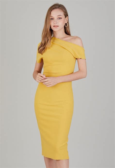 Slanted One Shoulder Bodycon Dress In Yellow Retro Indie And Unique