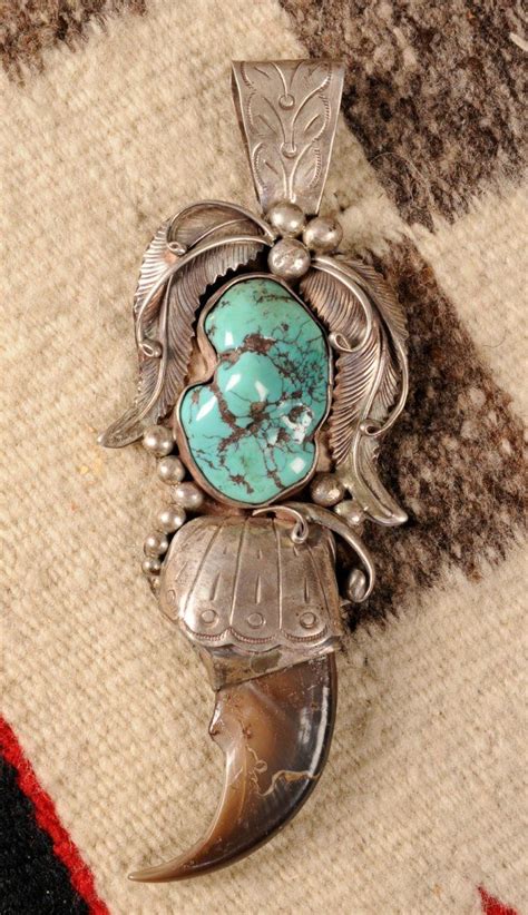 Navajo Silver Bear Claw Pendant Silver Turquoise Jewelry Coral Turquoise Turquoise Pendant
