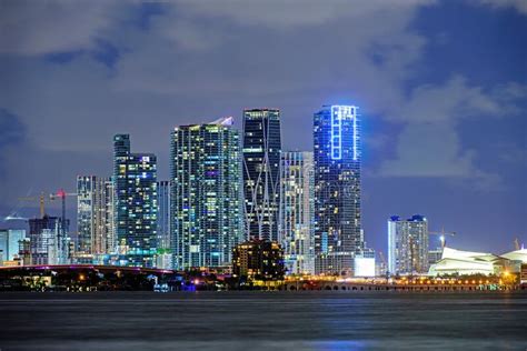 Miami City Night Miami Business District Lights And Reflections Of