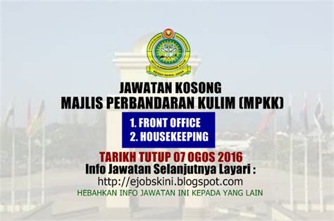 Click the link below to apply and kindly check the closing date and the requirement for the position.only shortlisted candidates will be notified. Jawatan Kosong Majlis Perbandaran Kulim (MPKK) - 07 Ogos 2016