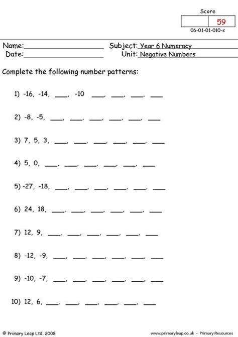 Numeracy Negative Numbers 1 Worksheet Uk