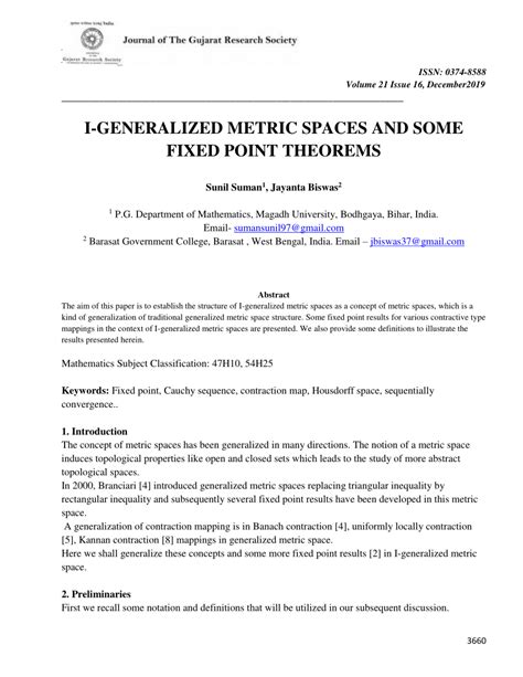 Pdf I Generalized Metric Spaces And Some Fixed Point Theorems