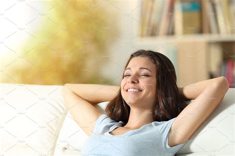 Happy Relaxed Girl Resting At Home O High Quality People Images ~ Creative Market