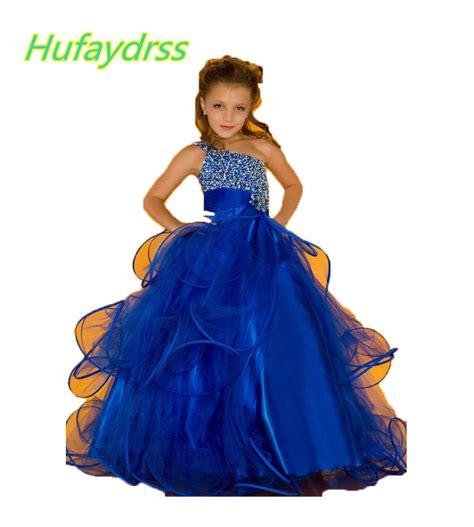 Girls Pageant Dresses One Shoulder 2017 Royal Blue Beaded Organza