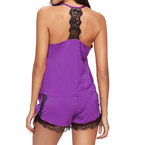 Buy Women Sexy Lace Sleepwearsleeveless Strap Nightweartrim Satin Cami Top Pajama Sets At