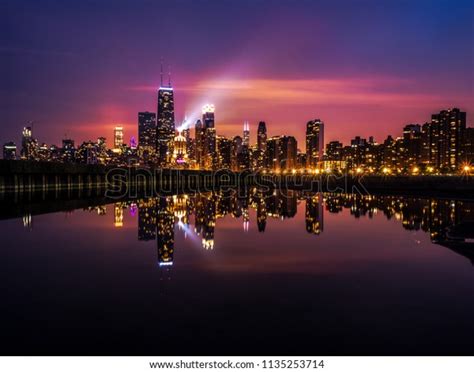 Beautiful Long Exposure Chicago Night Skyline Stock Photo 1135253714