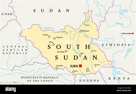 el sur de sudán mapa político con juba capital de las fronteras nacionales importantes