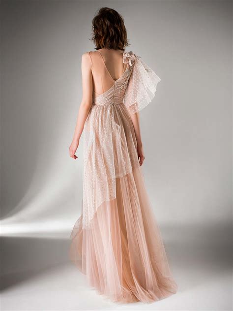 Tulle Evening Gown With One Shoulder Sleeve