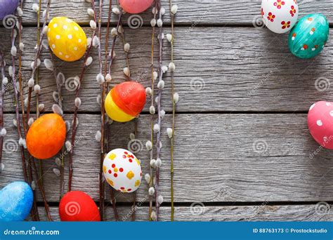 Colorful Easter Eggs On Wood Background Stock Image Image Of Handmade
