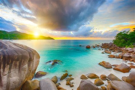 Beautiful Sunset Over The Famous Beach Anse Lazio In